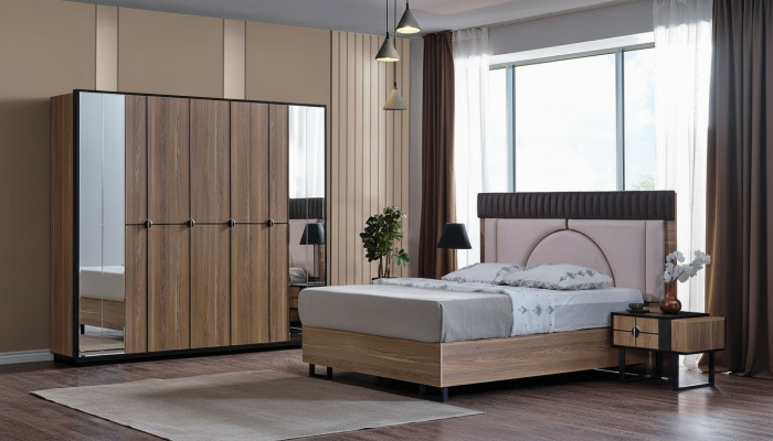 Luxus-Schlofzëmmer-Set, 4 Deeler, Bett, 2x Nuetsdëscher, Kleederschaf, Kleederschaf Holz