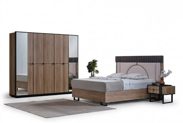 Luxus-Schlofzëmmer-Set, 4 Deeler, Bett, 2x Nuetsdëscher, Kleederschaf, Kleederschaf Holz