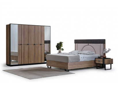 Luxus-Schlofzëmmer-Set, 4 Deeler, Bett, 2x Nuetsdëscher, Kleederschaf, Kleederschaf Holz