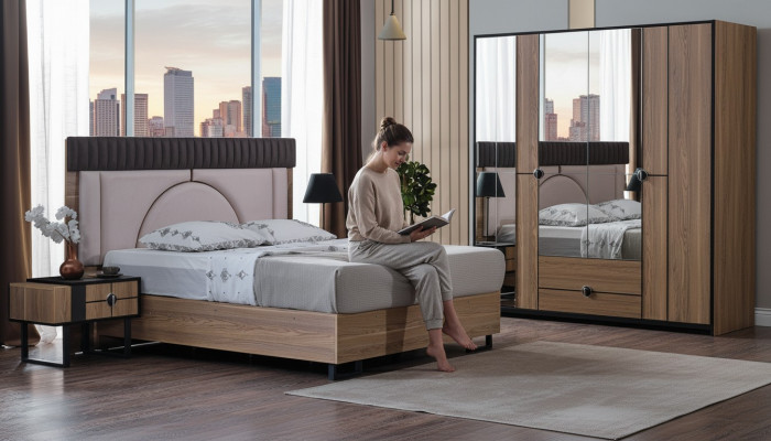 Schlofzëmmer Set Luxus Komplett Bett +2x Nuetsdëscher 3tlg. Modern Set Nei