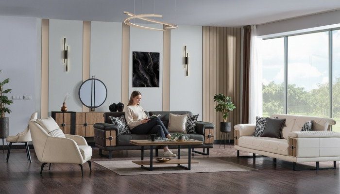 Sofagarnitur 3+3+1 Sëtzer Wunnzëmmer Set Komplett Textil Holz Sofa Fauteuil