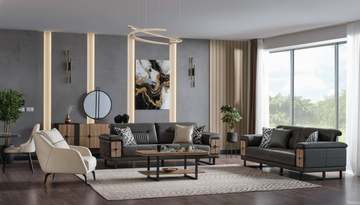 Sofagarnitur 3+3+1 Sëtzer Wunnzëmmer Set Komplett Textil Holz Sofa Fauteuil