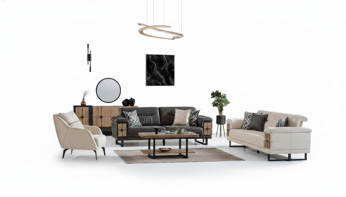 Sofagarnitur 3+3+1 Sëtzer Wunnzëmmer Set Komplett Textil Holz Sofa Fauteuil