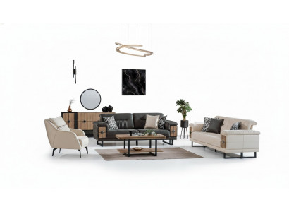 Sofagarnitur 3+3+1 Sëtzer Wunnzëmmer Set Komplett Textil Holz Sofa Fauteuil