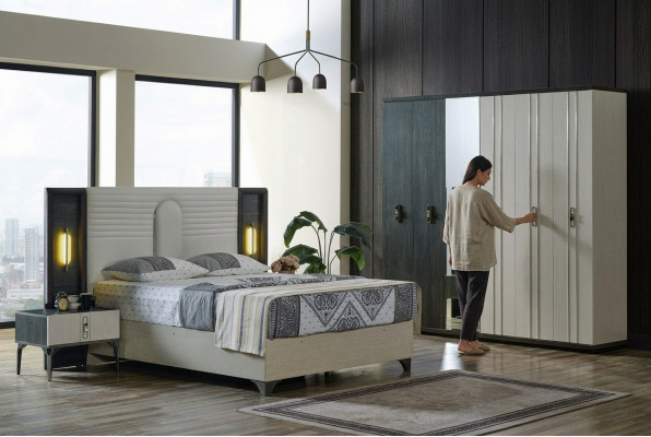 Luxus Schlofzëmmer Set 4 tlg. Bett 2x Nuetsdëscher Kleederschaf Beige