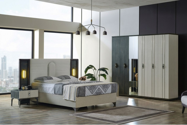 Luxus Schlofzëmmer Set 4 tlg. Bett 2x Nuetsdëscher Kleederschaf Beige