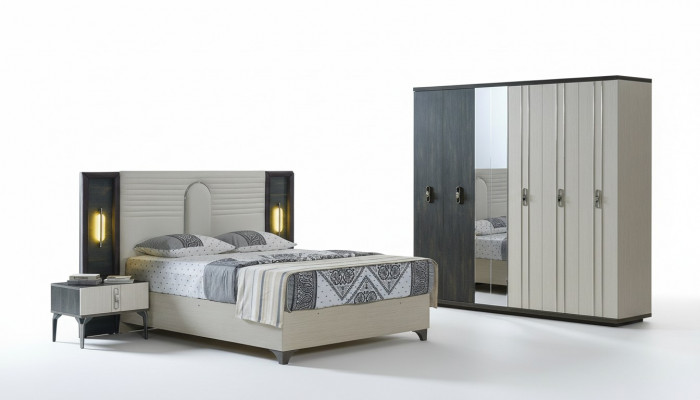 Luxus Schlofzëmmer Set 4 tlg. Bett 2x Nuetsdëscher Kleederschaf Beige