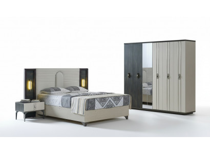 Luxus Schlofzëmmer Set 4 tlg. Bett 2x Nuetsdëscher Kleederschaf Beige