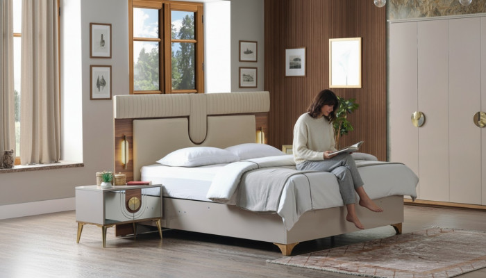 Luxus Schlofkummer Set Bett + 2x Nuetsdëscher Holz Komplett Neien Modern
