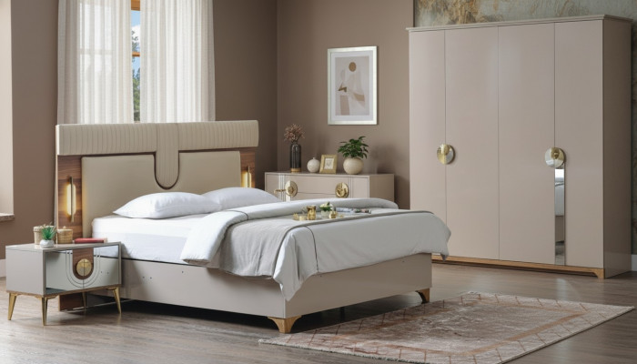 Luxus Schlofkummer Set Bett + 2x Nuetsdëscher Holz Komplett Neien Modern