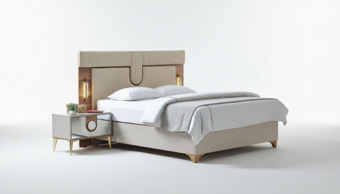 Luxus Schlofkummer Set Bett + 2x Nuetsdëscher Holz Komplett Neien Modern