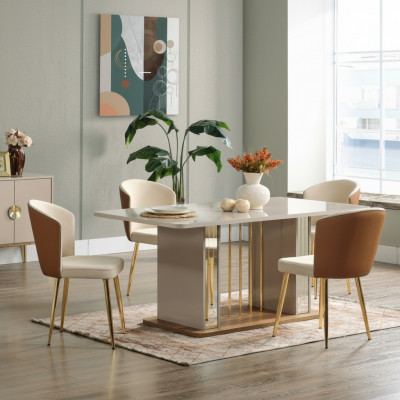 Iesszëmmer Set Modern Iessdësch + 6x Still Dësch Holz Polsterstull 7tlg