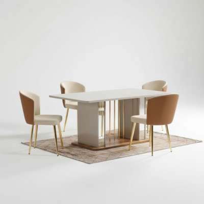 Iesszëmmer Set Modern Iessdësch + 6x Still Dësch Holz Polsterstull 7tlg