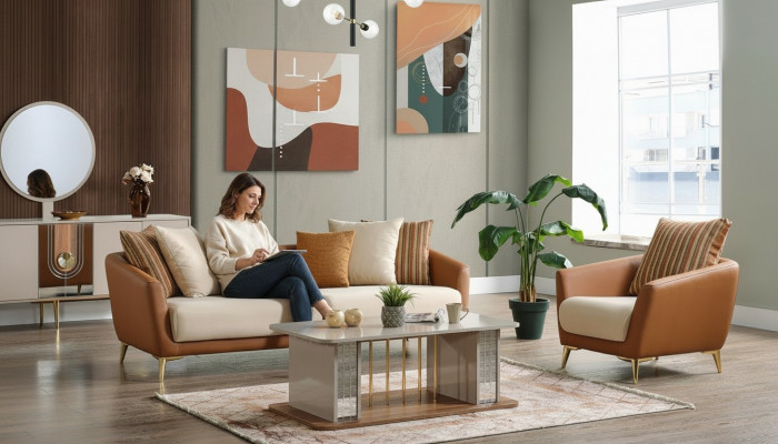 Sofagarnitur 3+1 Sëtzer Textil Holz Sofa 3 Sëtzer Modern Fotell Komplett Set