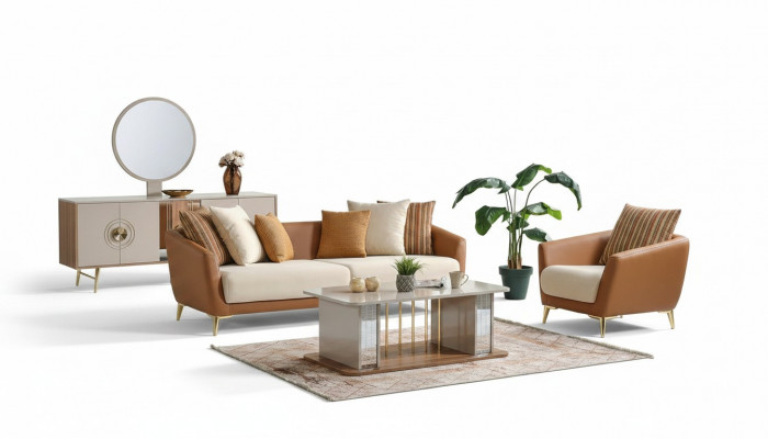 Sofagarnitur 3+1 Sëtzer Textil Holz Sofa 3 Sëtzer Modern Fotell Komplett Set