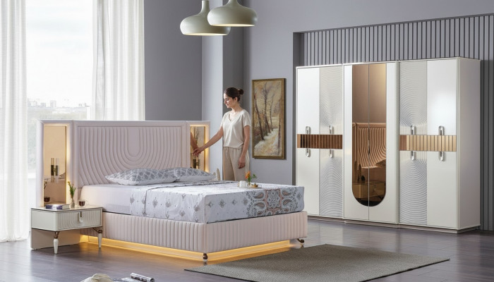 Luxus Schlofkummer Set Bett 2x Nuetsdëscher Schaf Holz Komplett Modern Nei