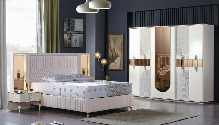 Luxus Schlofkummer Set Bett 2x Nuetsdëscher Schaf Holz Komplett Modern Nei