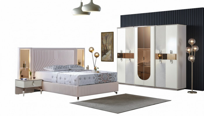 Luxus Schlofkummer Set Bett 2x Nuetsdëscher Schaf Holz Komplett Modern Nei