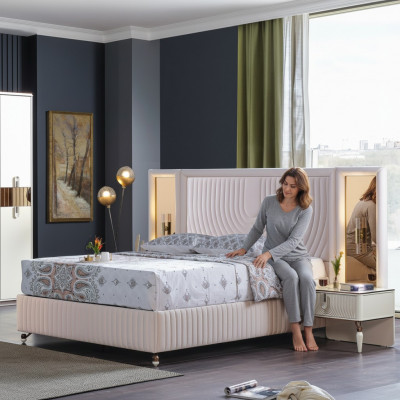 Luxus Schlofzëmmer Set Bett + 2x Nuetsdëscher Holz Komplett Modern
