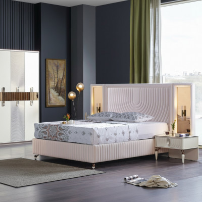 Luxus Schlofzëmmer Set Bett + 2x Nuetsdëscher Holz Komplett Modern