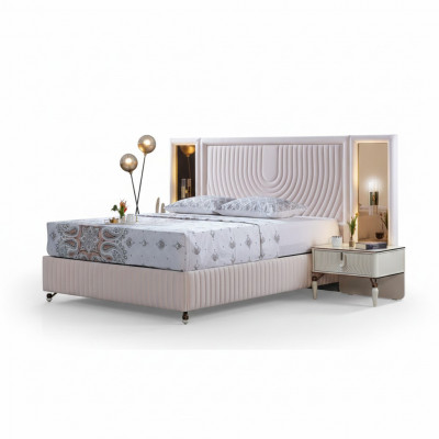 Luxus Schlofzëmmer Set Bett + 2x Nuetsdëscher Holz Komplett Modern