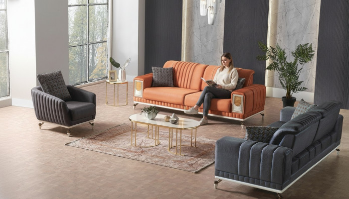 Sofagarnitur 3+3+1 Sëtzer Textil Holz Sofa 3 Sëtzer Modern Fotell Komplett Set