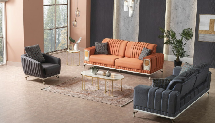 Sofagarnitur 3+3+1 Sëtzer Textil Holz Sofa 3 Sëtzer Modern Fotell Komplett Set