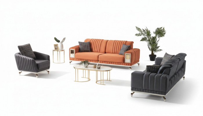 Sofagarnitur 3+3+1 Sëtzer Textil Holz Sofa 3 Sëtzer Modern Fotell Komplett Set