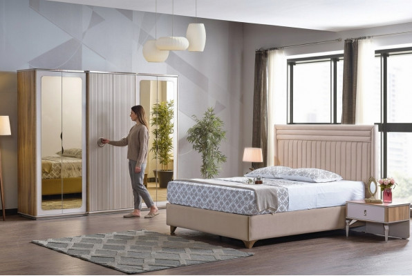 Modern Schlofkummer Set Bett 2x Nuetsdëscher Schaf Nei Luxus