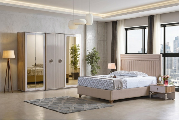 Modern Schlofkummer Set Bett 2x Nuetsdëscher Schaf Nei Luxus