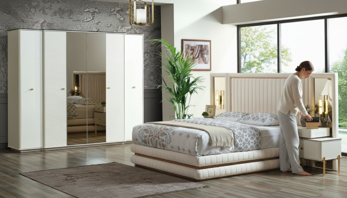 Schlofzëmmer Set Bett 2x Nuetsdëscher Kleederschaf Design Miwwelen 4 Deeler Beige