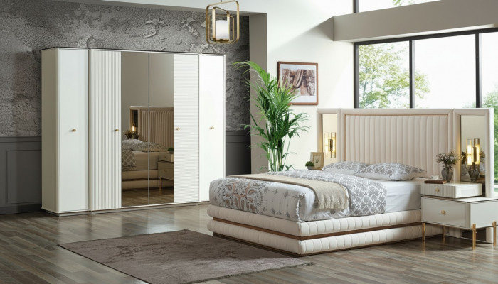 Schlofzëmmer Set Bett 2x Nuetsdëscher Kleederschaf Design Miwwelen 4 Deeler Beige