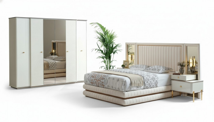 Schlofzëmmer Set Bett 2x Nuetsdëscher Kleederschaf Design Miwwelen 4 Deeler Beige