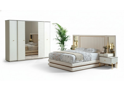 Schlofzëmmer Set Bett 2x Nuetsdëscher Kleederschaf Design Miwwelen 4 Deeler Beige