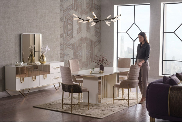 Design Iesszëmmer Komplett Iessdësch + 6x Still + Sideboard Miwwelen Holzdësch Neit