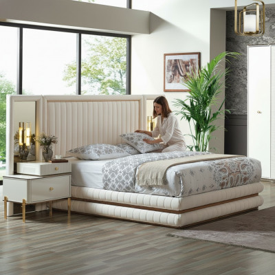 Modern Schlofzëmmer Set Bett + 2x Nuetsdësch Desig Möbel 3 Stéck. Beige