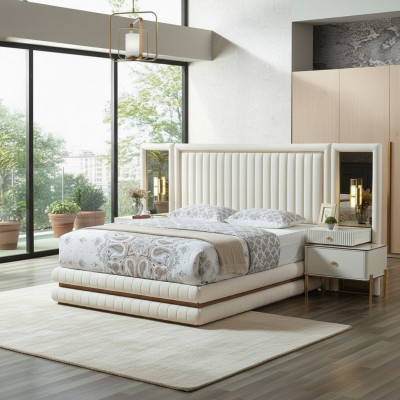 Modern Schlofzëmmer Set Bett + 2x Nuetsdësch Desig Möbel 3 Stéck. Beige