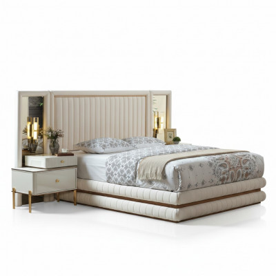Modern Schlofzëmmer Set Bett + 2x Nuetsdësch Desig Möbel 3 Stéck. Beige
