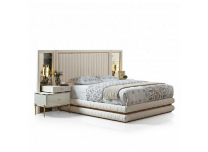 Modern Schlofzëmmer Set Bett + 2x Nuetsdësch Desig Möbel 3 Stéck. Beige