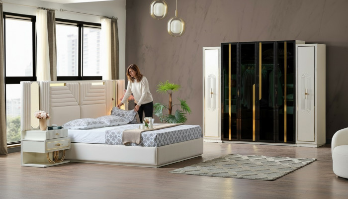 Modern Schlofzëmmer Set Bett + 2x Nuetsdëscher+Kleederaschaf Design Miwwelen 4 Deeler