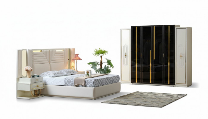 Modern Schlofzëmmer Set Bett + 2x Nuetsdëscher+Kleederaschaf Design Miwwelen 4 Deeler