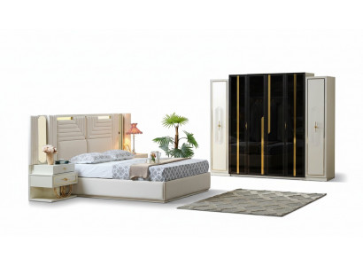 Modern Schlofzëmmer Set Bett + 2x Nuetsdëscher+Kleederaschaf Design Miwwelen 4 Deeler