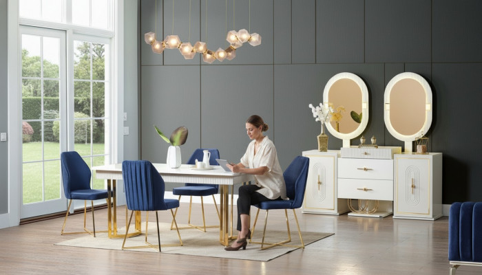 Luxuriéis Iesszëmmer Set Iessdësch + 6x Still + Sideboard Iessgruppen Nei 8 Deeler