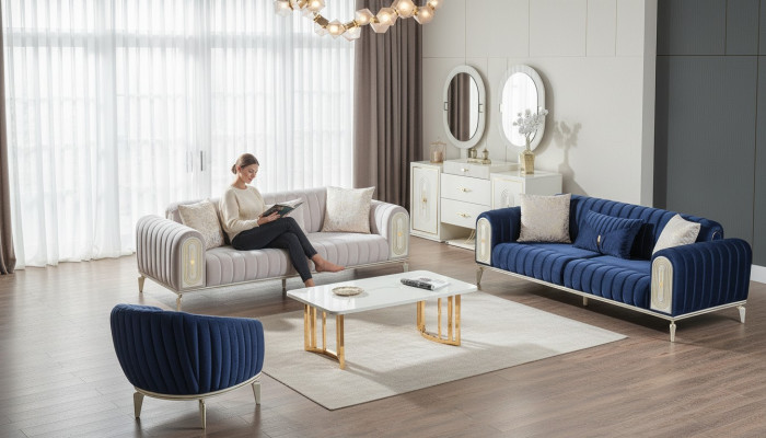 Sofagarnitur 3+3+1 Plaz Sëtzlounge Set Komplett Textil Canapé Sessell Holz Blo