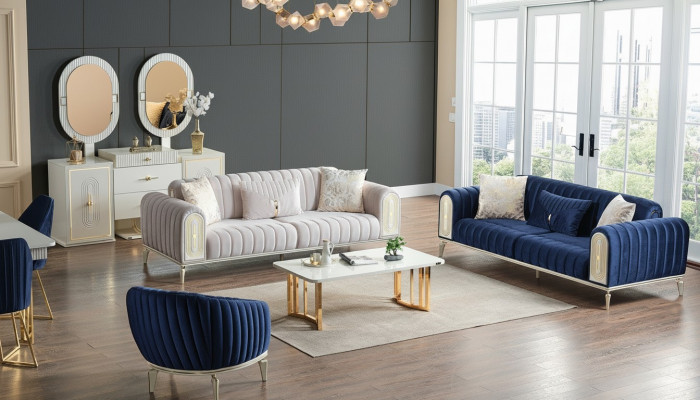 Sofagarnitur 3+3+1 Plaz Sëtzlounge Set Komplett Textil Canapé Sessell Holz Blo