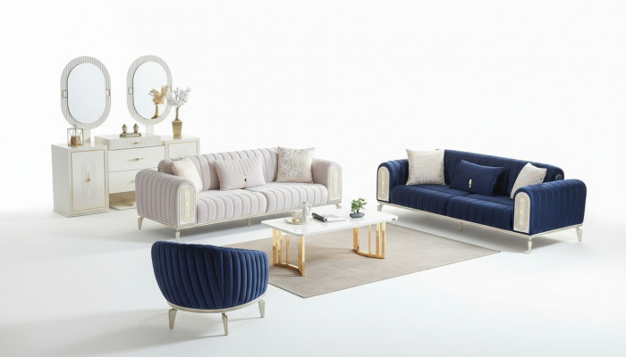 Sofagarnitur 3+3+1 Plaz Sëtzlounge Set Komplett Textil Canapé Sessell Holz Blo