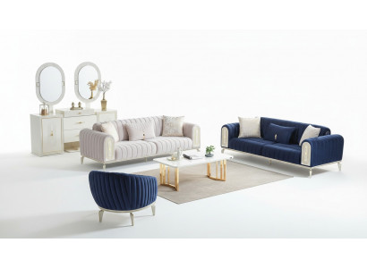 Sofagarnitur 3+3+1 Plaz Sëtzlounge Set Komplett Textil Canapé Sessell Holz Blo