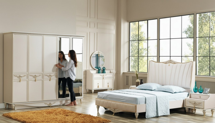Luxus Schlofzëmmer Set Bett + 2x Nuetsdësch + Schaf + Kommode Komplett Modern