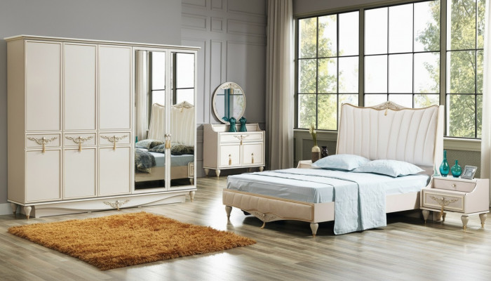 Luxus Schlofzëmmer Set Bett + 2x Nuetsdësch + Schaf + Kommode Komplett Modern