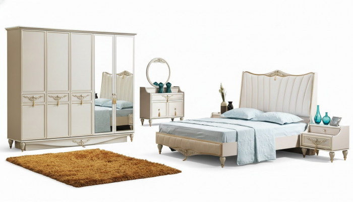 Luxus Schlofzëmmer Set Bett + 2x Nuetsdësch + Schaf + Kommode Komplett Modern